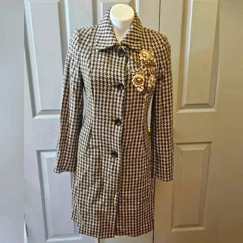Vintage Express Design Studio Beaded Houndstooth Long Coat Jacket Small